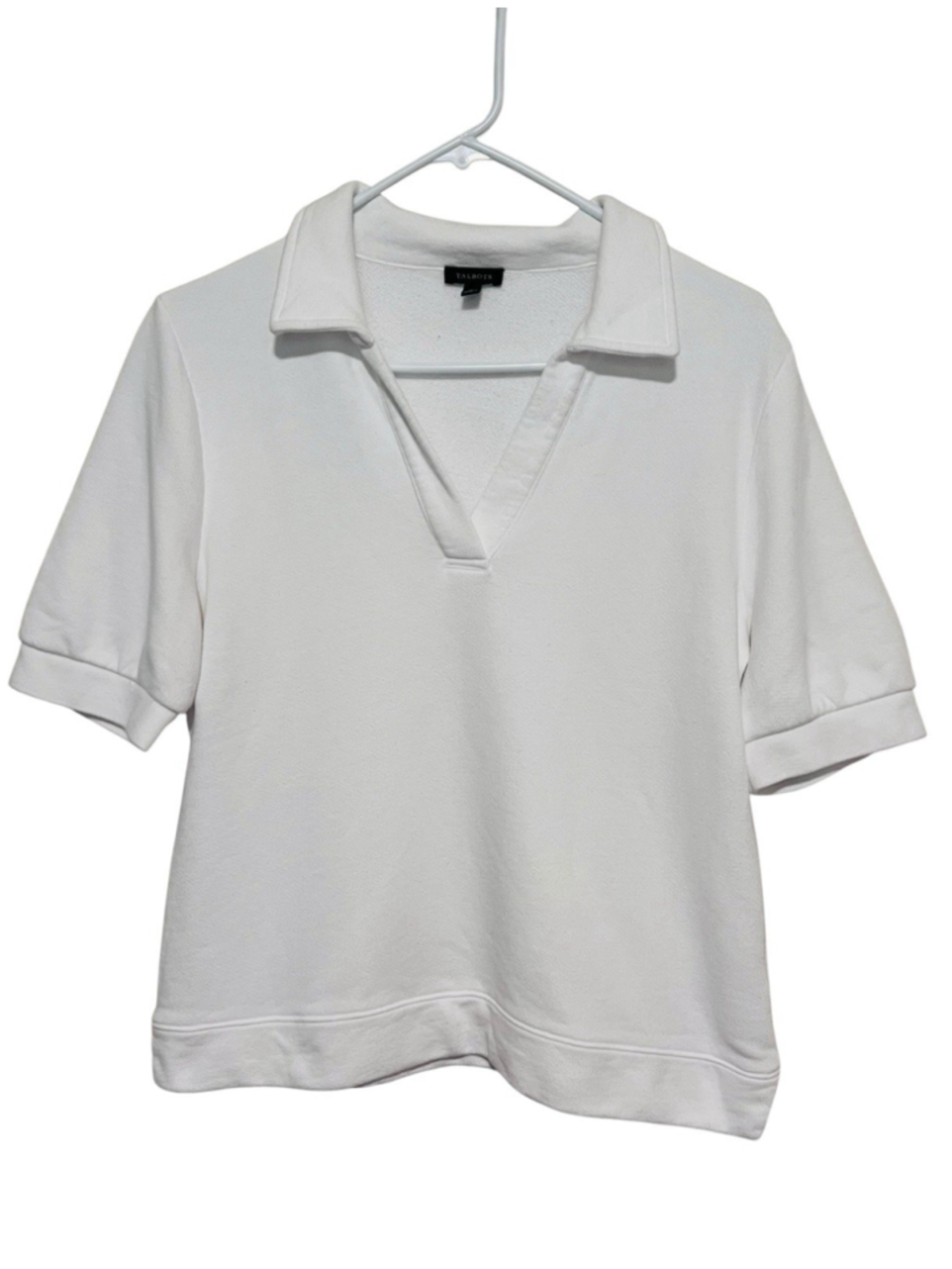Talbots Short Sleeve Sweatshirt Top Medium Crisp White Collared V-neck Shirt